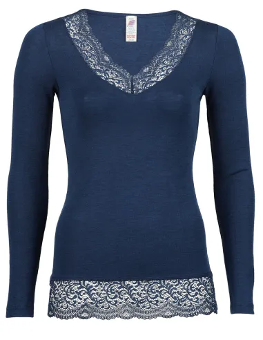 Dames Shirt Navy met Kant Zijde Wol Engel Natur