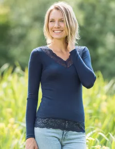 Dames Shirt Navy met Kant Zijde Wol Engel Natur