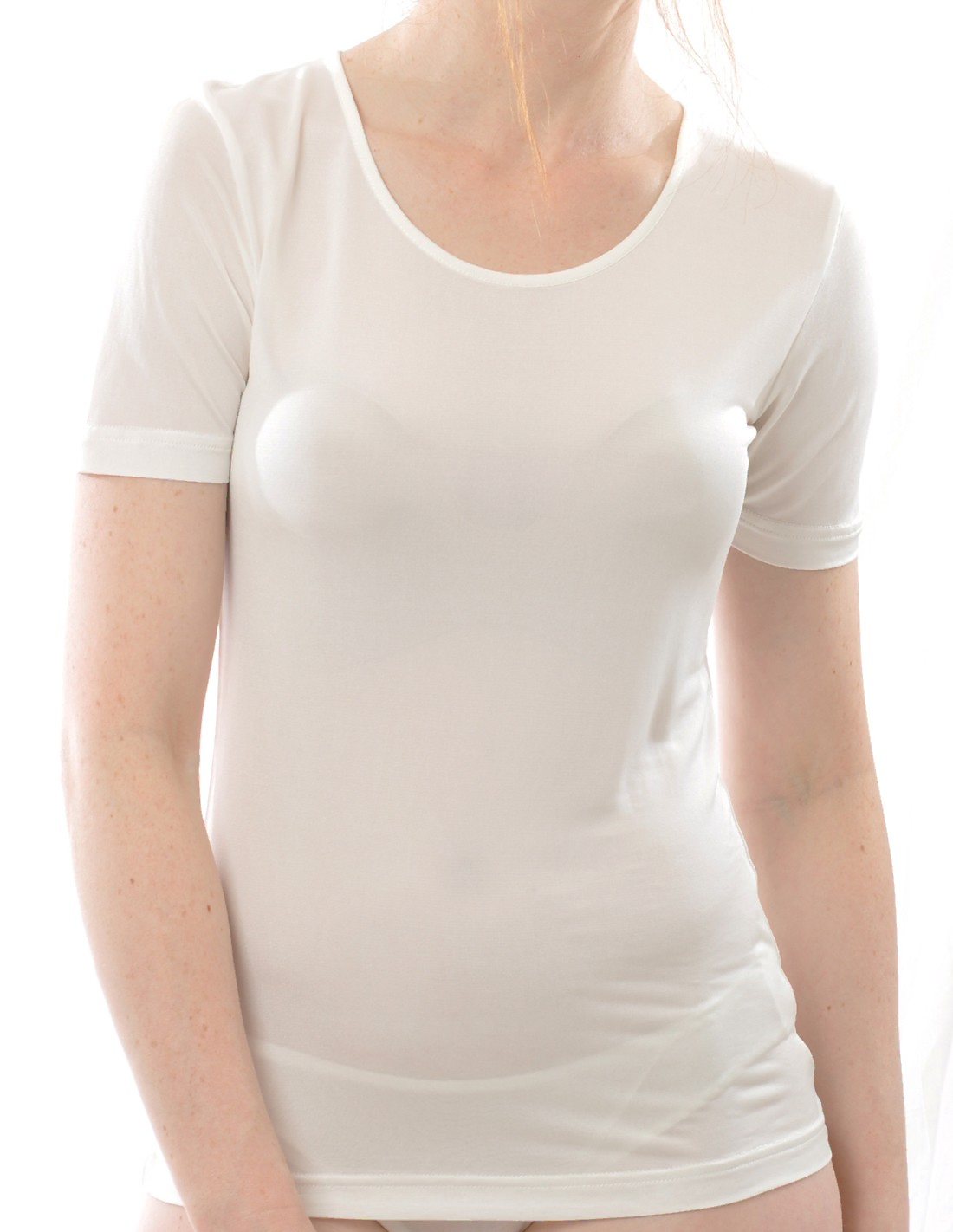 Image of Zijden Dames T-Shirt met Ronde Hals Alkena, Kleur Nude, Maat Large